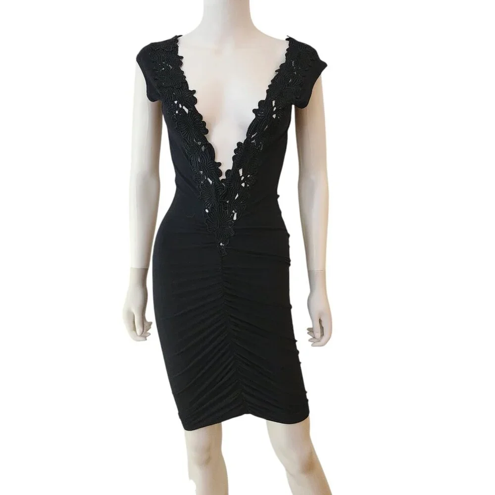 Cotton V-Neck Laced Bodycon Dress - Picture 2 of 9
